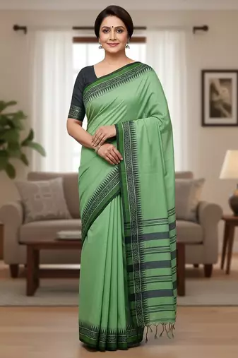 Green fancy cotton handloom saree with blouse piece for women