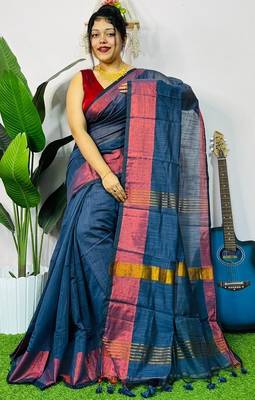 Blue fancy cotton handloom saree with blouse piece for women 1