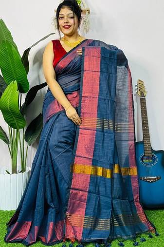 Blue fancy cotton handloom saree with blouse piece for women