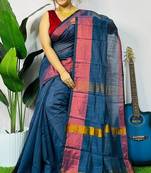 Blue fancy cotton handloom saree with blouse piece for women
