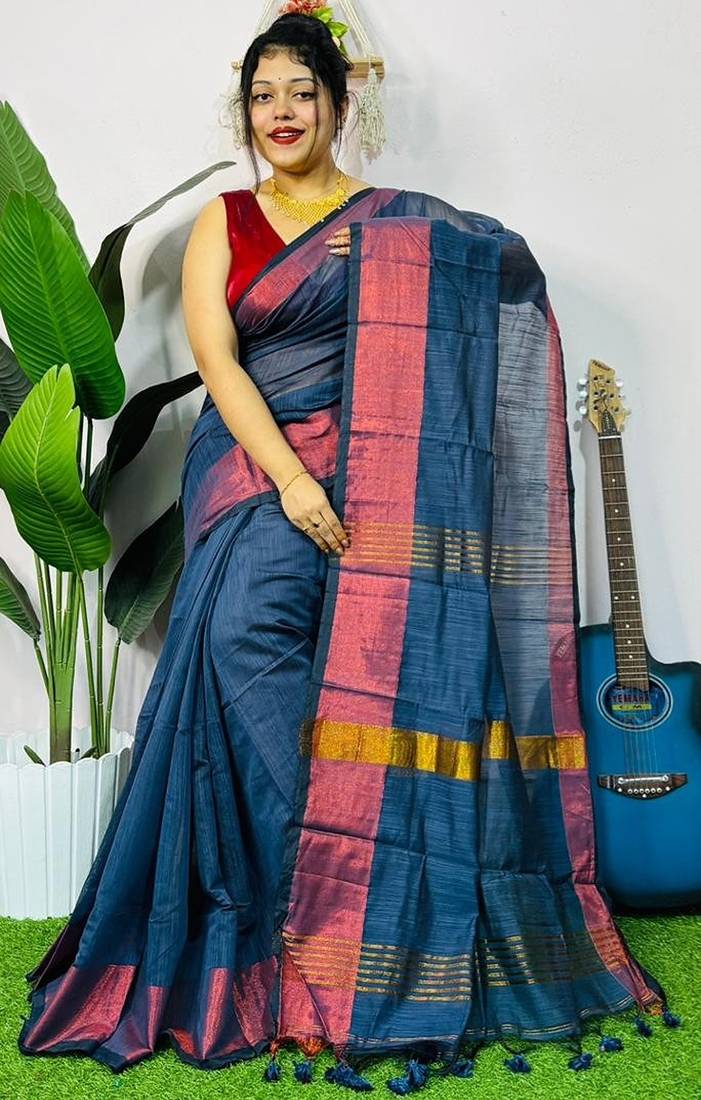 Blue fancy cotton handloom saree with blouse piece for women