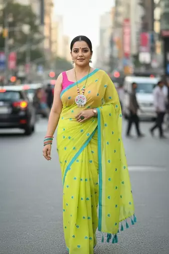 Green fancy cotton handloom saree with blouse piece for women