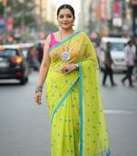 Green fancy cotton handloom saree with blouse piece for women