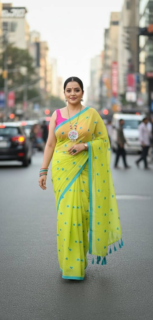 Green fancy cotton handloom saree with blouse piece for women