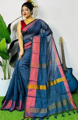 Blue fancy cotton handloom saree with blouse piece for women 3