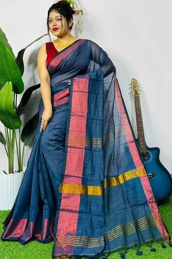 Blue fancy cotton handloom saree with blouse piece for women