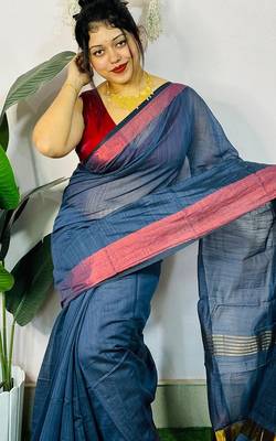 Blue fancy cotton handloom saree with blouse piece for women 4