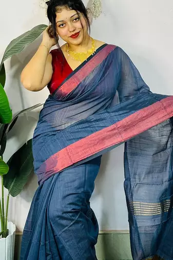 Blue fancy cotton handloom saree with blouse piece for women