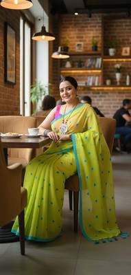 Green fancy cotton handloom saree with blouse piece for women 4