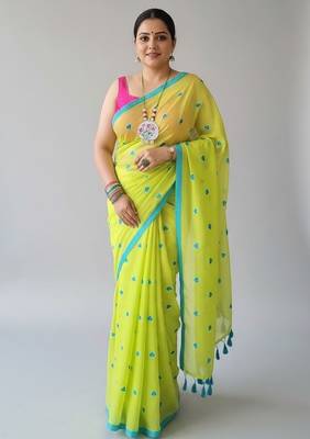 Green fancy cotton handloom saree with blouse piece for women 5