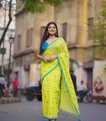 Green fancy cotton handloom saree with blouse piece for women
