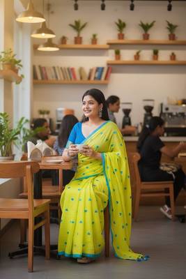 Green fancy cotton handloom saree with blouse piece for women 2
