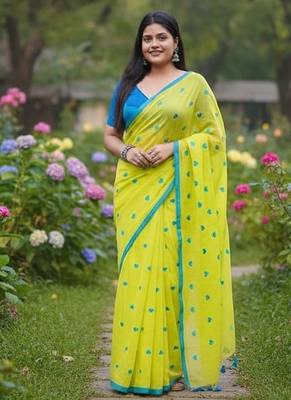 Green fancy cotton handloom saree with blouse piece for women 3