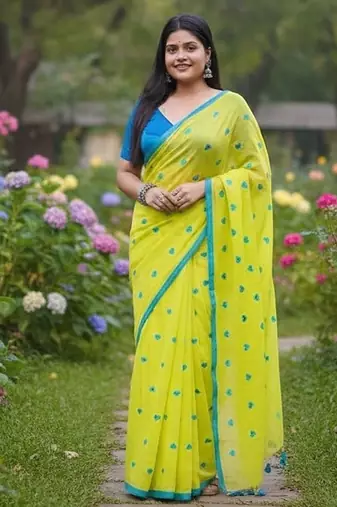 Green fancy cotton handloom saree with blouse piece for women