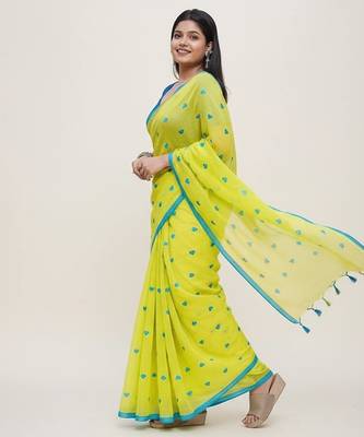 Green fancy cotton handloom saree with blouse piece for women 4