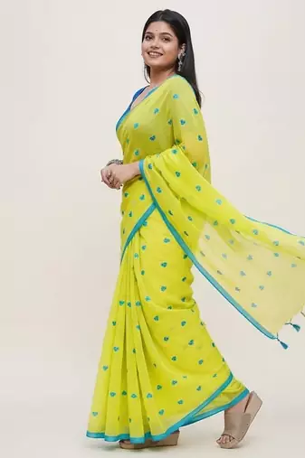 Green fancy cotton handloom saree with blouse piece for women