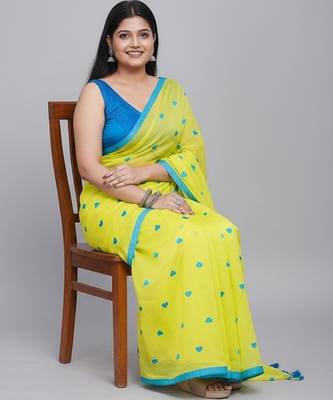 Green fancy cotton handloom saree with blouse piece for women 5