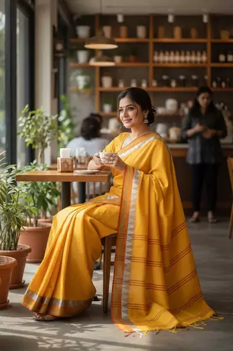 Yellow fancy cotton handloom saree with blouse piece for women