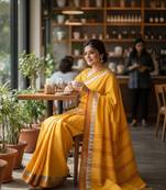 Yellow fancy cotton handloom saree with blouse piece for women