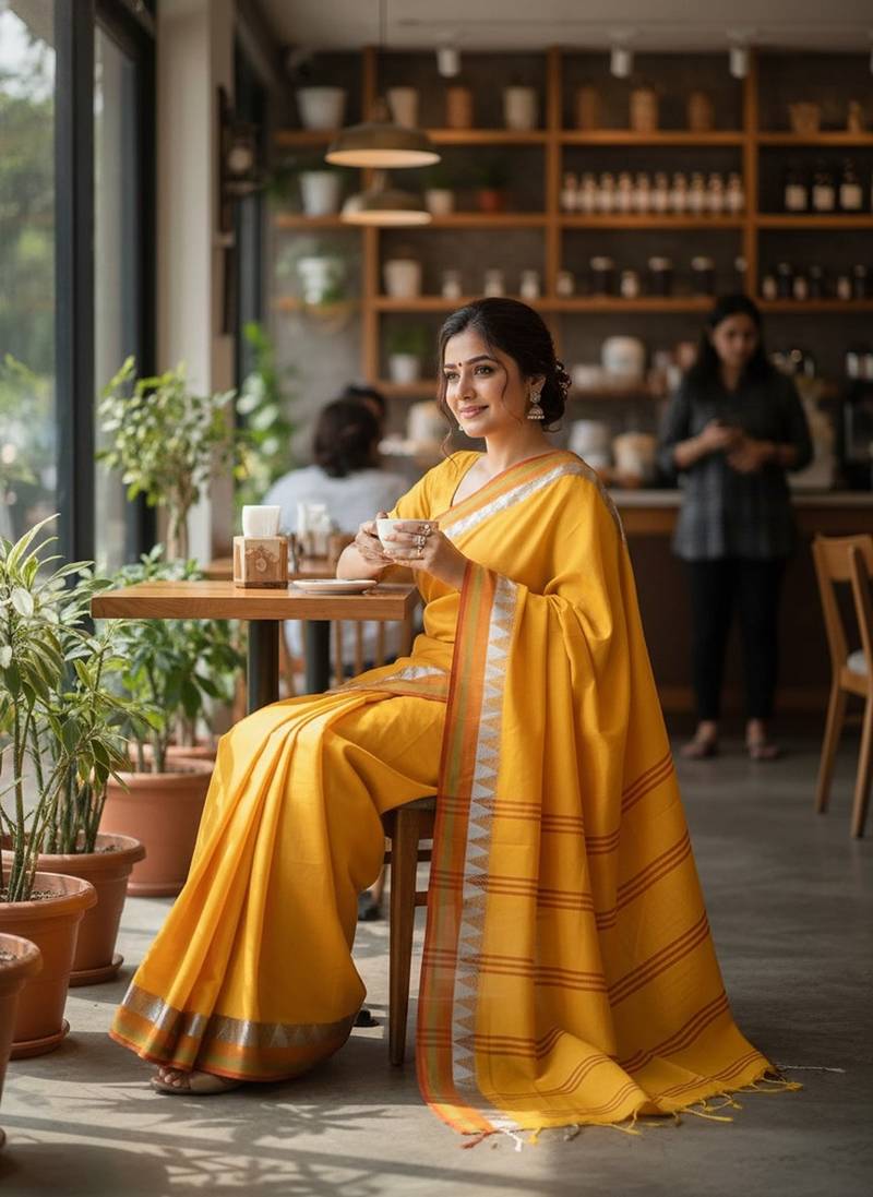 Yellow fancy cotton handloom saree with blouse piece for women