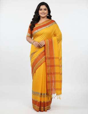 Yellow fancy cotton handloom saree with blouse piece for women 2