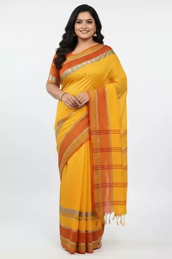 Yellow fancy cotton handloom saree with blouse piece for women