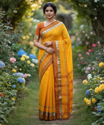 Yellow fancy cotton handloom saree with blouse piece for women 3