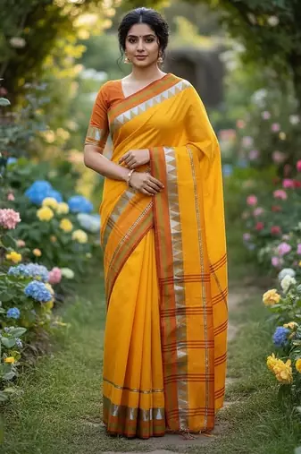 Yellow fancy cotton handloom saree with blouse piece for women