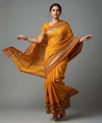 Yellow fancy cotton handloom saree with blouse piece for women 4