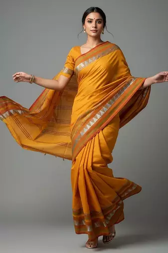 Yellow fancy cotton handloom saree with blouse piece for women