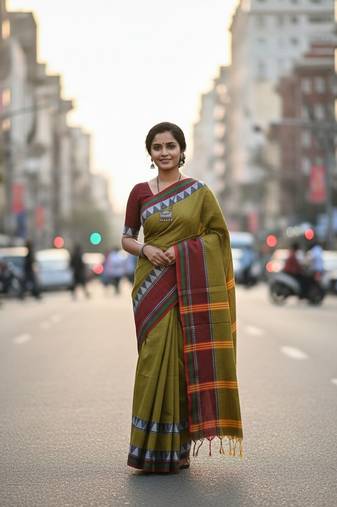 Green fancy cotton handloom saree with blouse piece for women