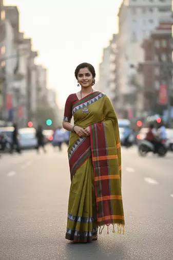 Green fancy cotton handloom saree with blouse piece for women
