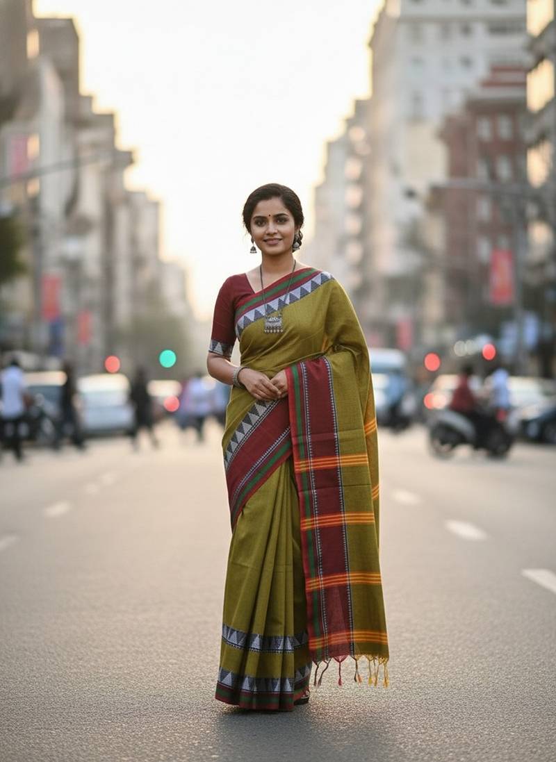 Green fancy cotton handloom saree with blouse piece for women