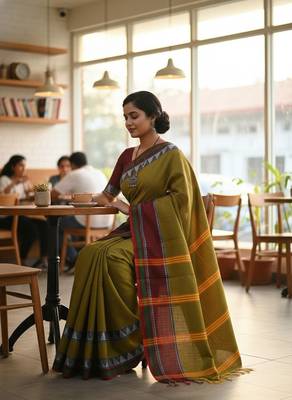Green fancy cotton handloom saree with blouse piece for women 2