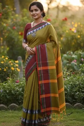 Green fancy cotton handloom saree with blouse piece for women