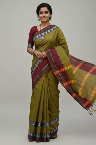 Green fancy cotton handloom saree with blouse piece for women