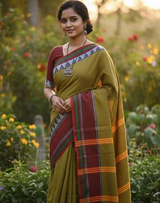 Green fancy cotton handloom saree with blouse piece for women 5