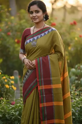 Green fancy cotton handloom saree with blouse piece for women