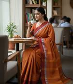 Red fancy cotton handloom saree with blouse piece for women