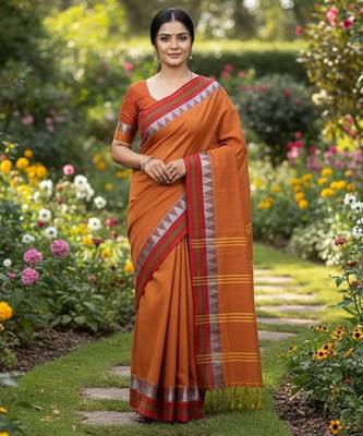 Red fancy cotton handloom saree with blouse piece for women 2