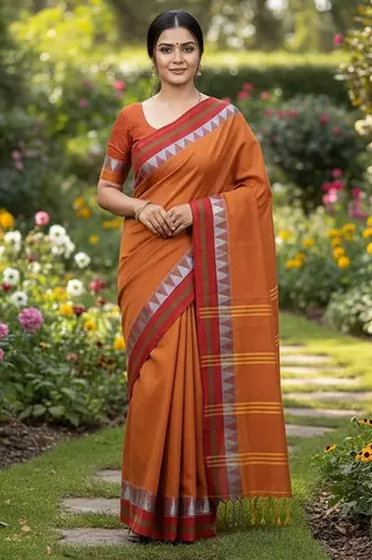 Red fancy cotton handloom saree with blouse piece for women