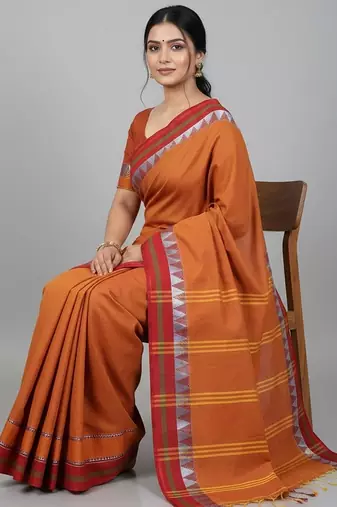 Red fancy cotton handloom saree with blouse piece for women