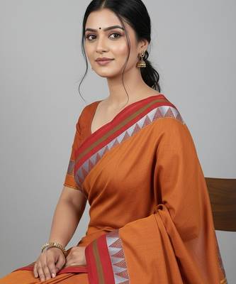 Red fancy cotton handloom saree with blouse piece for women 4