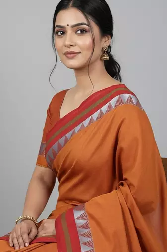 Red fancy cotton handloom saree with blouse piece for women