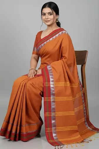 Red fancy cotton handloom saree with blouse piece for women