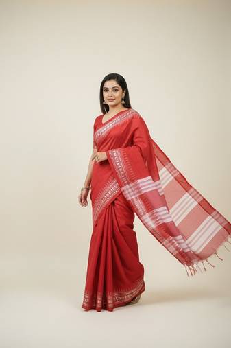 Red fancy cotton handloom saree with blouse piece for women