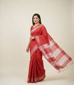 Red fancy cotton handloom saree with blouse piece for women