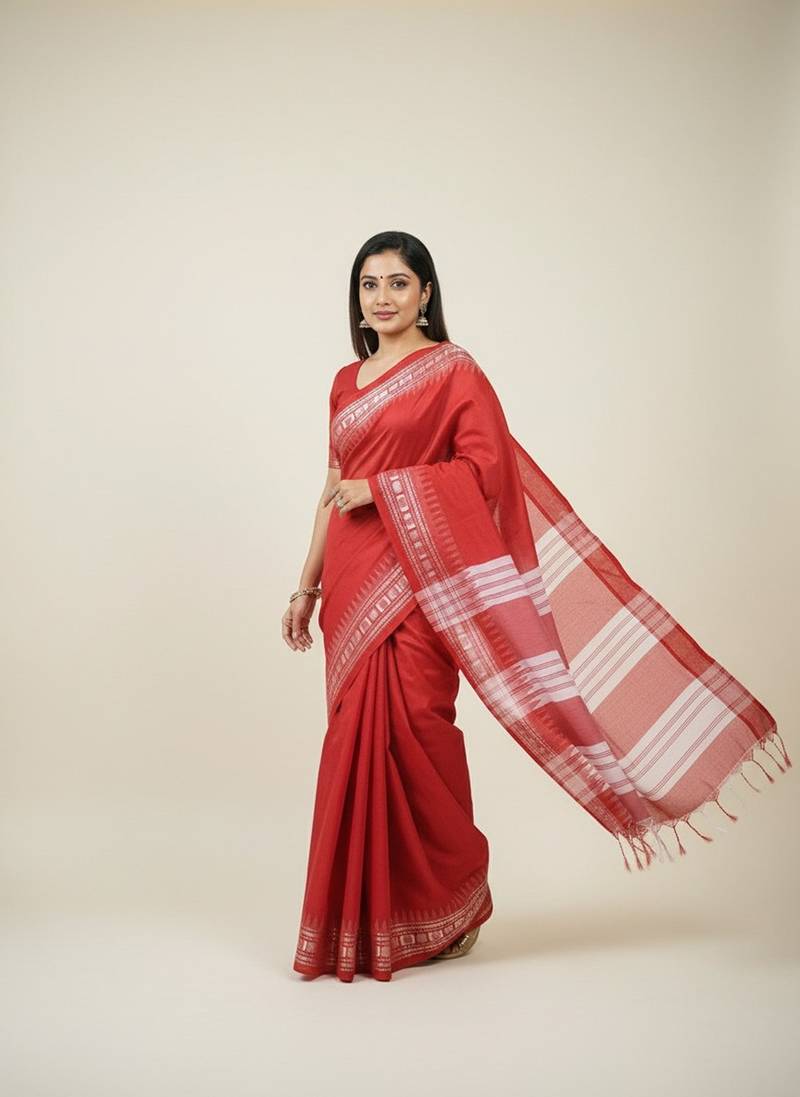 Red fancy cotton handloom saree with blouse piece for women