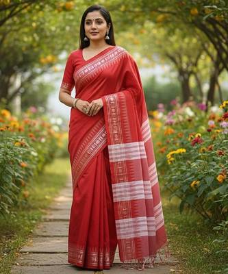 Red fancy cotton handloom saree with blouse piece for women 2