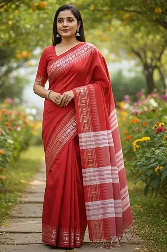 Red fancy cotton handloom saree with blouse piece for women